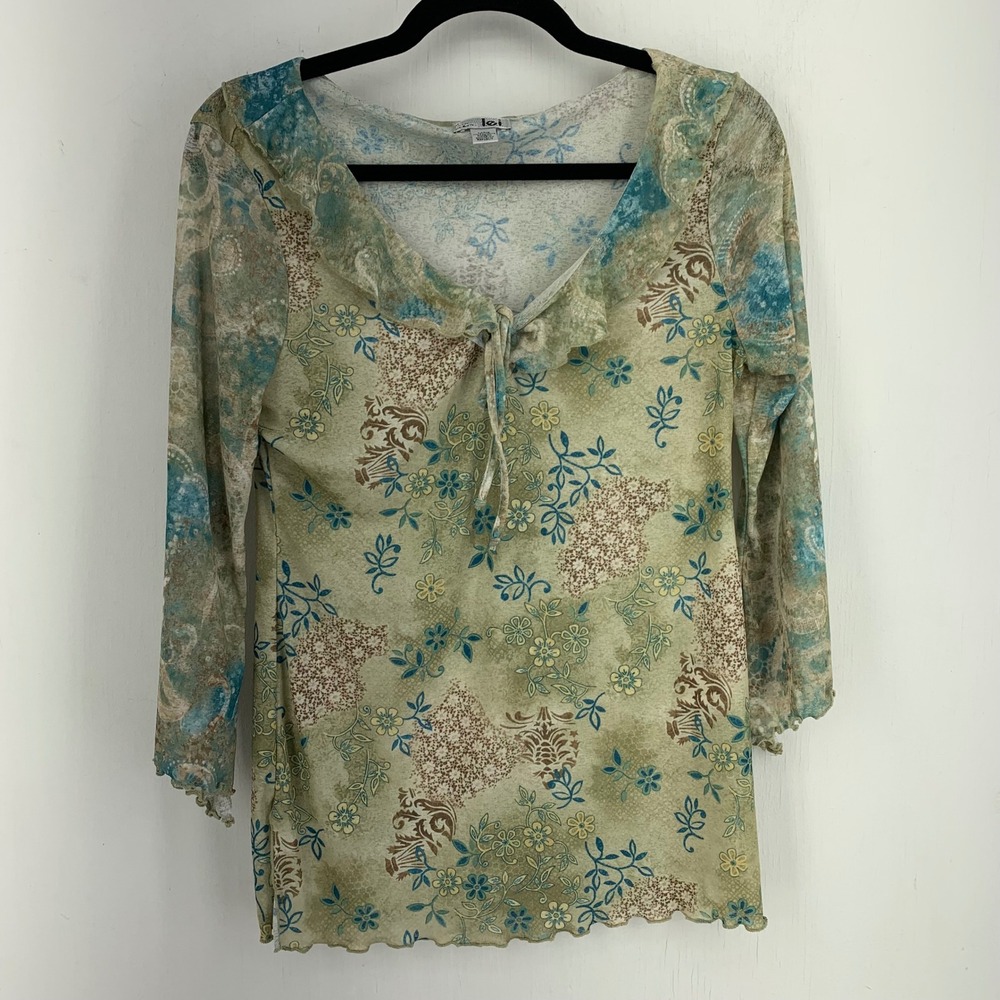 LEI Vintage Y2K‎ Mesh Floral Paisley Ruffle Top Fairycore Boho Large Grunge